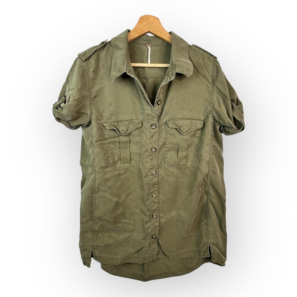 Free People Medium Green Utility Button Front Cuffed Sleeve Tunic Mini Dress